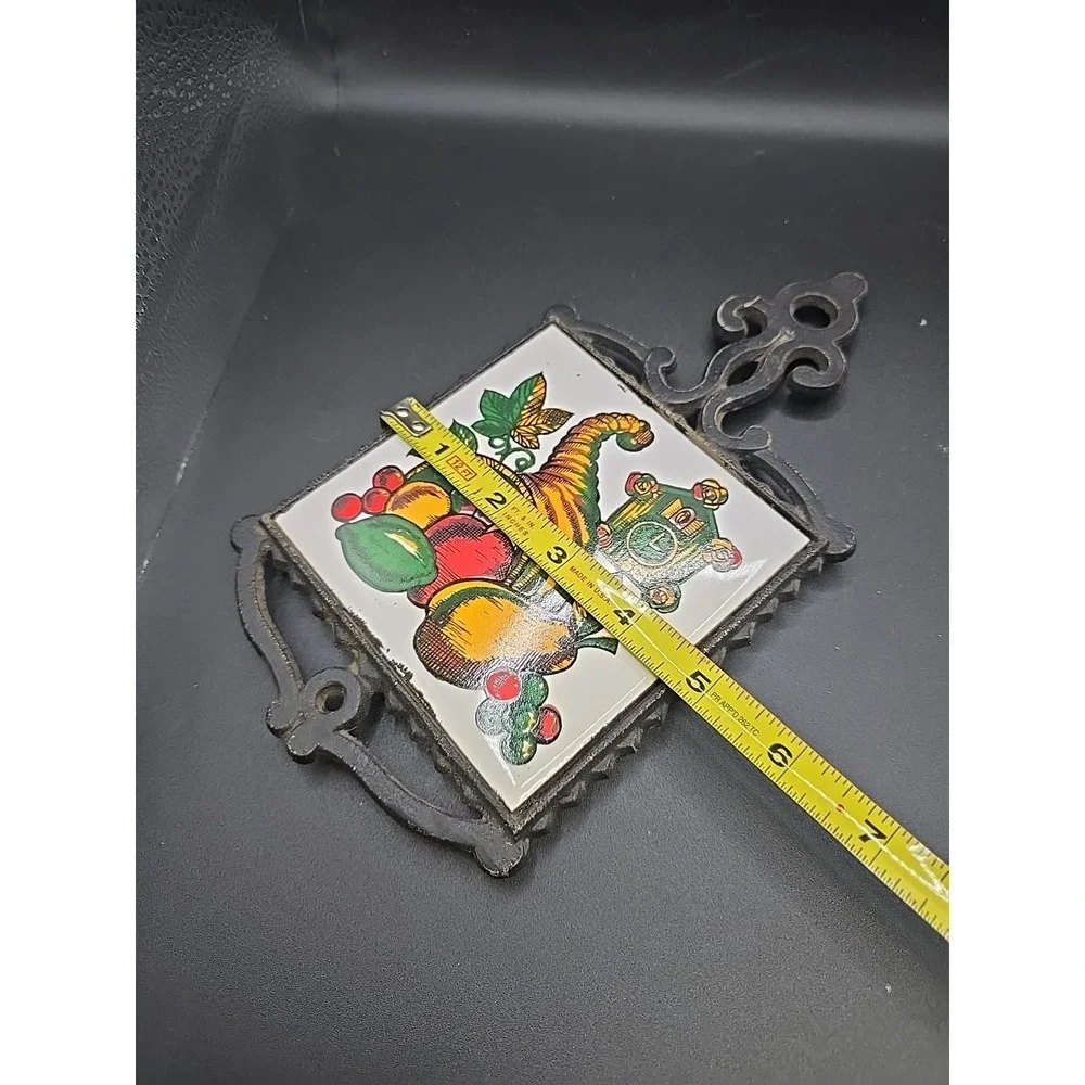 Vintage Mid Century Art Tile Footed Trivet Cornucopia Cuckoo Japan Cast Iron